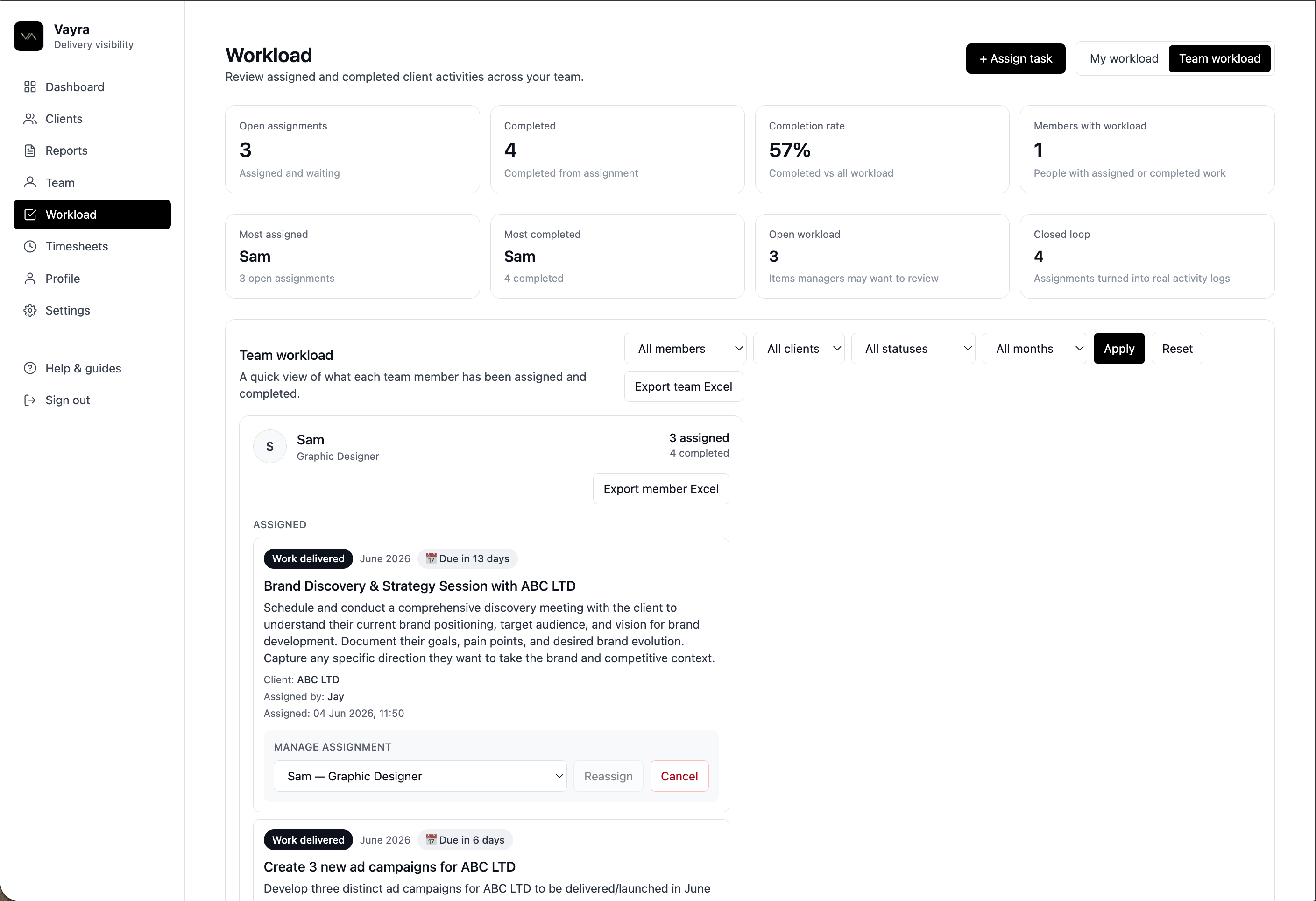 Vayra workload page — team assignments and delivery tracking